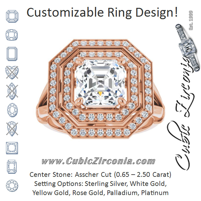 Cubic Zirconia Engagement Ring- The Cheryl (Customizable Cathedral-set Asscher Cut Design with Double Halo, Wide Split Band and Side Knuckle Accents)