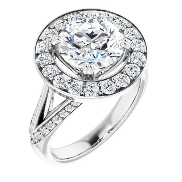 10K White Gold Customizable Round Cut Center with Large-Accented Halo and Split Shared Prong Band