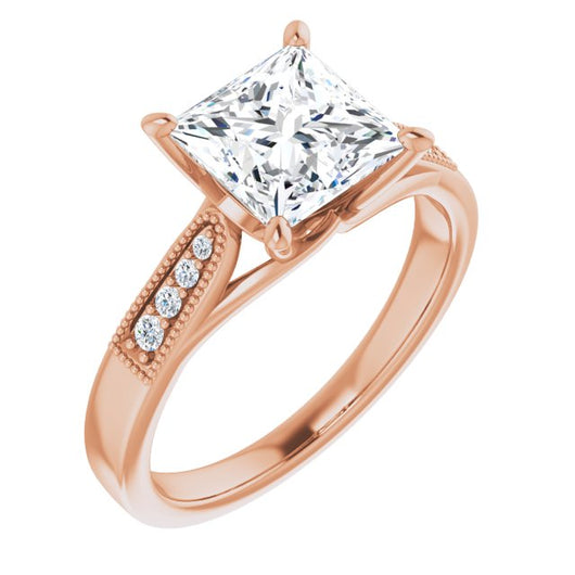 10K Rose Gold Customizable 9-stone Vintage Design with Princess/Square Cut Center and Round Band Accents