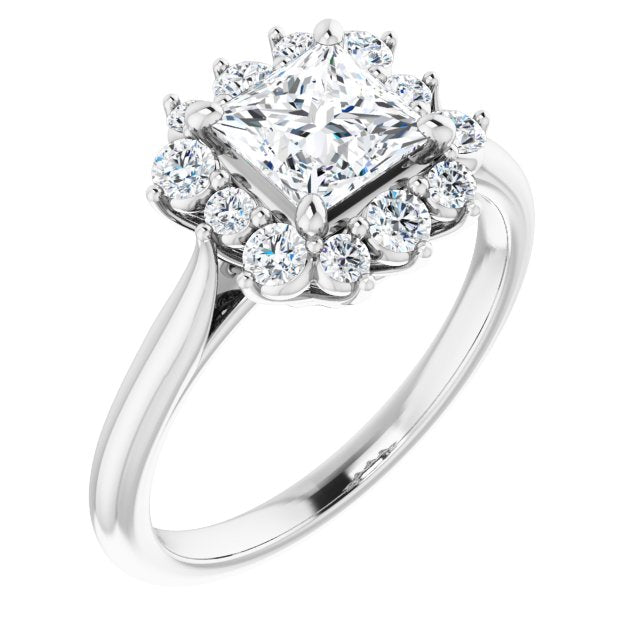 10K White Gold Customizable Crown-Cathedral Princess/Square Cut Design with Clustered Large-Accent Halo & Ultra-thin Band