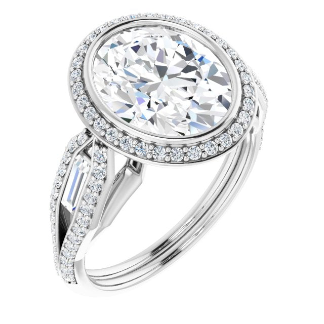 14K White Gold Customizable Cathedral-Bezel Oval Cut Design with Halo, Split-Pavé Band & Channel Baguettes