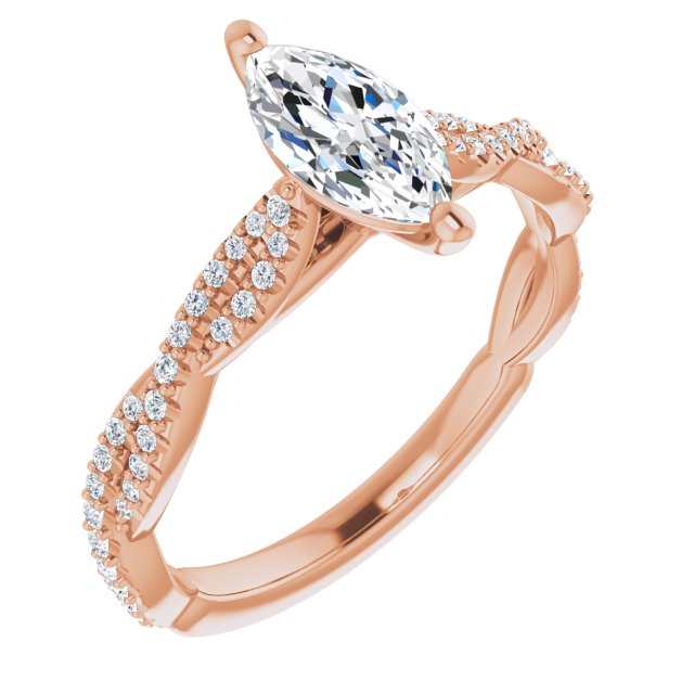 10K Rose Gold Customizable Marquise Cut Style with Thin and Twisted Micropavé Band