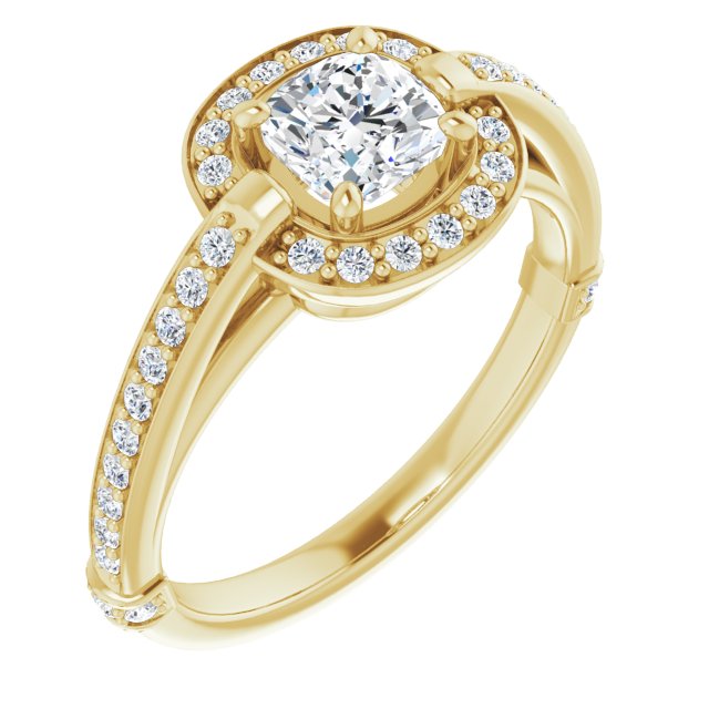 10K Yellow Gold Customizable High-Cathedral Cushion Cut Design with Halo and Shared Prong Band