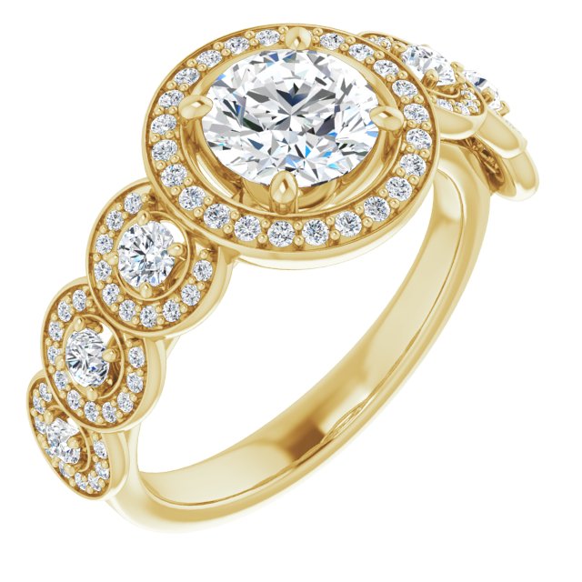 10K Yellow Gold Customizable Cathedral-set Round Cut 7-stone style Enhanced with 7 Halos