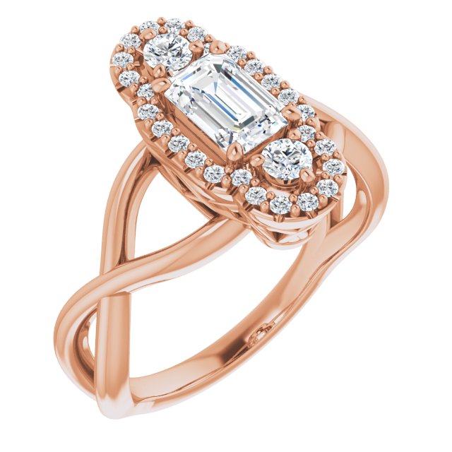 10K Rose Gold Customizable Vertical 3-stone Emerald/Radiant Cut Design Enhanced with Multi-Halo Accents and Twisted Band