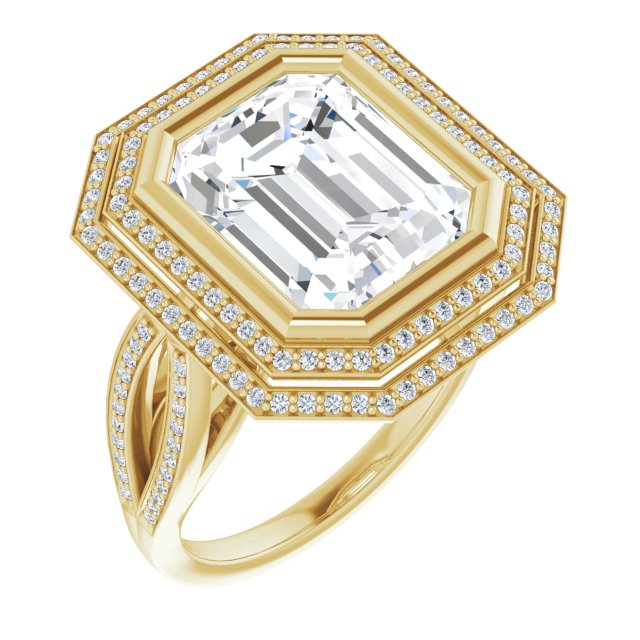 10K Yellow Gold Customizable Bezel-set Emerald/Radiant Cut Style with Double Halo and Split Shared Prong Band