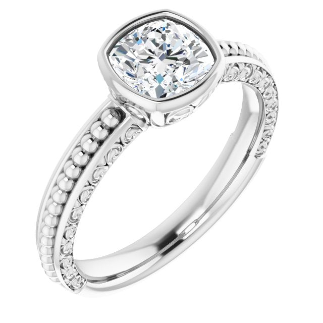 10K White Gold Customizable Bezel-set Cushion Cut Solitaire with Beaded and Carved Three-sided Band