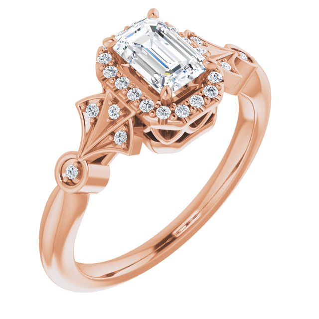 10K Rose Gold Customizable Cathedral-Crown Emerald/Radiant Cut Design with Halo and Scalloped Side Stones