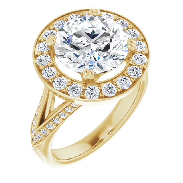 10K Yellow Gold Customizable Round Cut Center with Large-Accented Halo and Split Shared Prong Band
