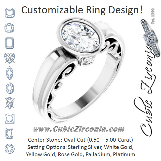 Cubic Zirconia Engagement Ring- The Fredrika (Customizable Bezel-set Oval Cut Solitaire with Wide 3-sided Band)
