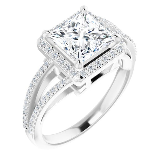 10K White Gold Customizable Princess/Square Cut Vintage Design with Halo Style and Asymmetrical Split-Pavé Band