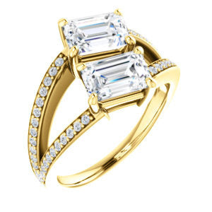 Cubic Zirconia Engagement Ring- The Valentina (Customizable 2-stone Double Emerald Cut Design with Wide Split-Pavé Band)