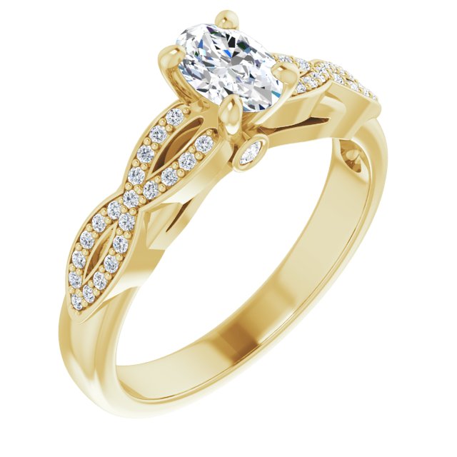 10K Yellow Gold Customizable Oval Cut Design featuring Infinity Pavé Band and Round-Bezel Peekaboos