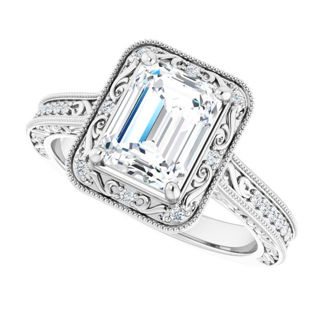 Cubic Zirconia Engagement Ring- The Eowyn (Customizable Vintage Artisan Emerald Cut Design with 3-Sided Filigree and Side Inlay Accent Enhancements)