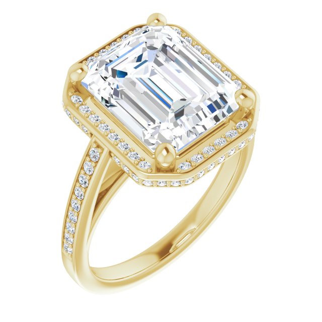 10K Yellow Gold Customizable Cathedral-Halo Emerald/Radiant Cut Design with Under-halo & Shared Prong Band
