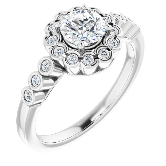 10K White Gold Customizable Round Cut Design with Round-bezel Halo and Band Accents