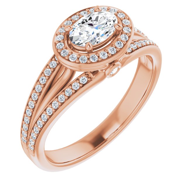 10K Rose Gold Customizable High-set Oval Cut Design with Halo, Wide Tri-Split Shared Prong Band and Round Bezel Peekaboo Accents