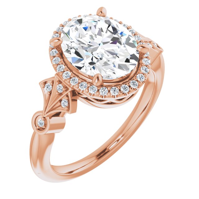 10K Rose Gold Customizable Cathedral-Crown Oval Cut Design with Halo and Scalloped Side Stones