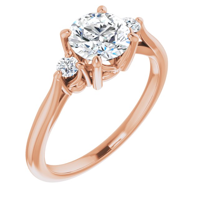 10K Rose Gold Customizable Three-stone Round Cut Design with Small Round Accents and Vintage Trellis/Basket