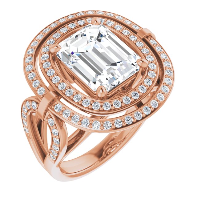 10K Rose Gold Customizable Cathedral-set Emerald/Radiant Cut Design with Double Halo & Accented Ultra-wide Horseshoe-inspired Split Band