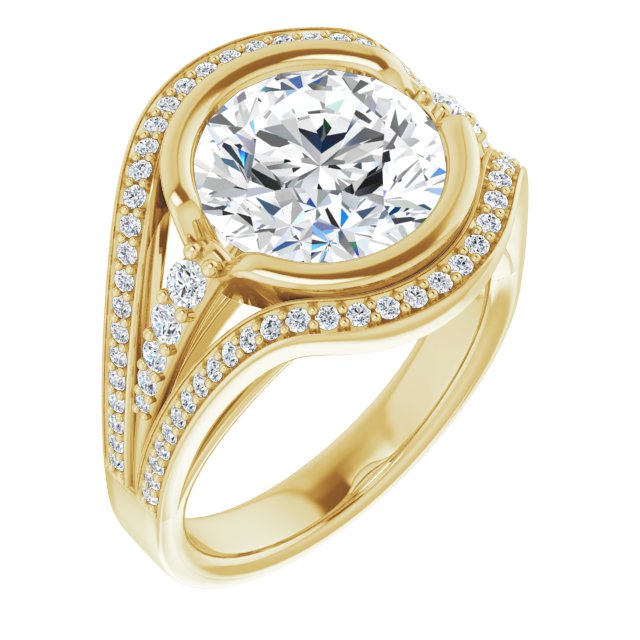 10K Yellow Gold Customizable Cathedral-Bezel Round Cut Design with Wide Triple-Split-Pavé Band