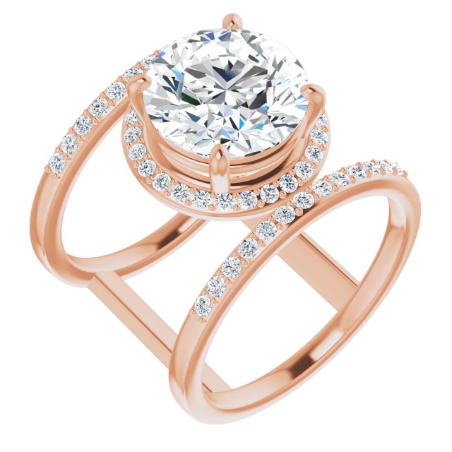 10K Rose Gold Customizable Round Cut Halo Design with Open, Ultrawide Harness Double Pavé Band