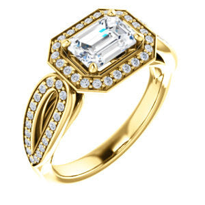 CZ Wedding Set, featuring The Jordyn Elitza engagement ring (Customizable Halo-Style Emerald Cut with Twisting Pavé Split-Shank)