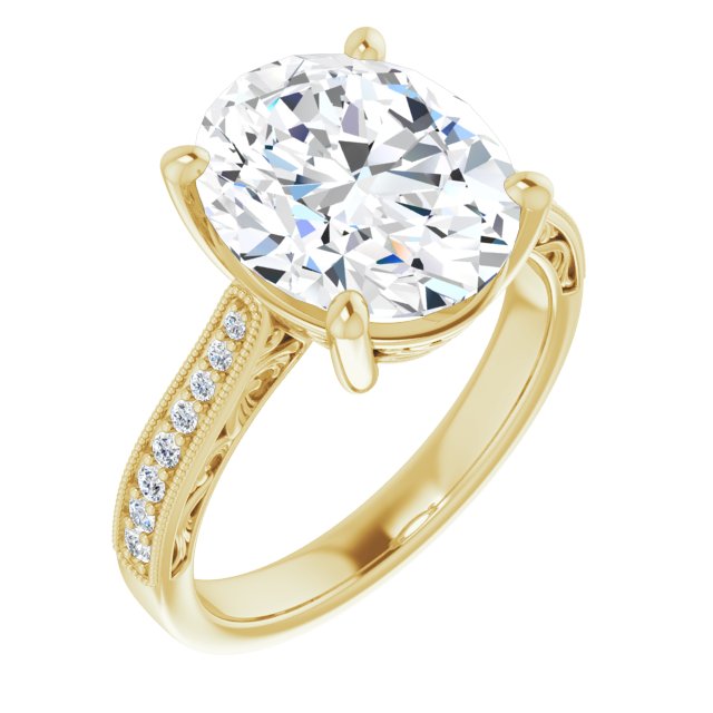 10K Yellow Gold Customizable Oval Cut Design with Round Band Accents and Three-sided Filigree Engraving