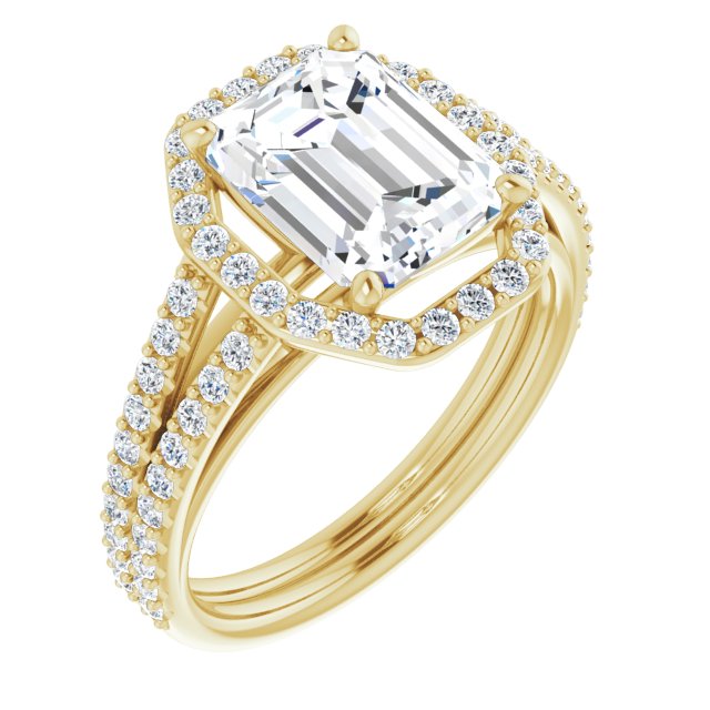 10K Yellow Gold Customizable Cathedral Emerald/Radiant Cut Design with Geometric Halo & Split Pavé Band