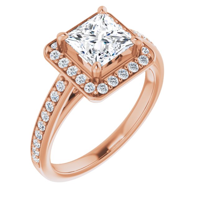10K Rose Gold Customizable Princess/Square Cut Style with Halo and Sculptural Trellis
