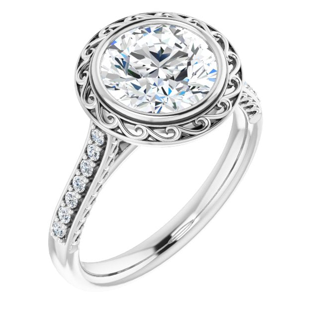 Cubic Zirconia Engagement Ring- The Itzayana (Customizable Cathedral-Bezel Round Cut Design featuring Accented Band with Filigree Inlay)