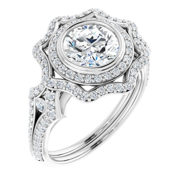 10K White Gold Customizable Round Cut Style with Ultra-wide Pavé Split-Band and Nature-Inspired Double Halo