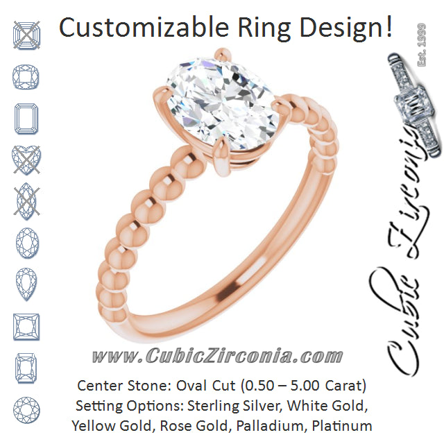 Cubic Zirconia Engagement Ring- The Hattie (Customizable Oval Cut Solitaire with Thin Beaded-Bubble Band)