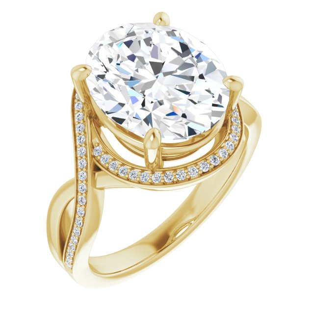10K Yellow Gold Customizable Bypass-Halo-Accented Oval Cut Center with Twisting Split Shared Prong Band