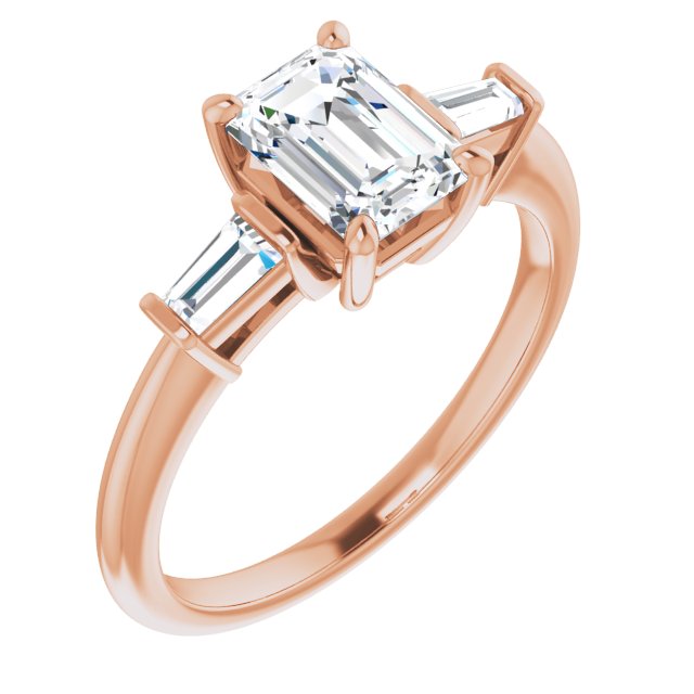 10K Rose Gold Customizable 3-stone Emerald/Radiant Cut Design with Dual Baguette Accents)
