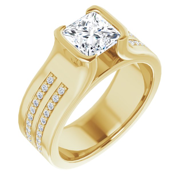 10K Yellow Gold Customizable Bezel-set Princess/Square Cut Design with Thick Band featuring Double-Row Shared Prong Accents