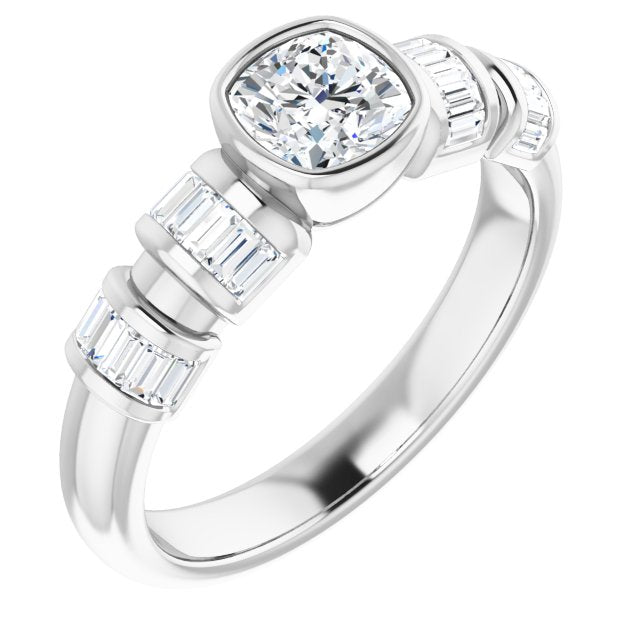 10K White Gold Customizable Bezel-set Cushion Cut Design with Quad Horizontal Band Sleeves of Baguette Accents