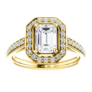 Cubic Zirconia Engagement Ring- The Margie Mae (Customizable Emerald Cut Halo-Style with Pavé Band)