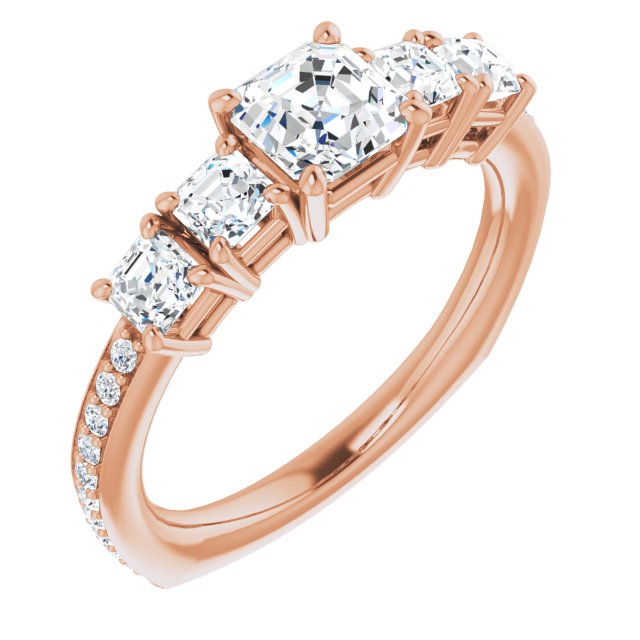 10K Rose Gold Customizable Asscher Cut 5-stone Style with Quad Asscher Accents plus Shared Prong Band
