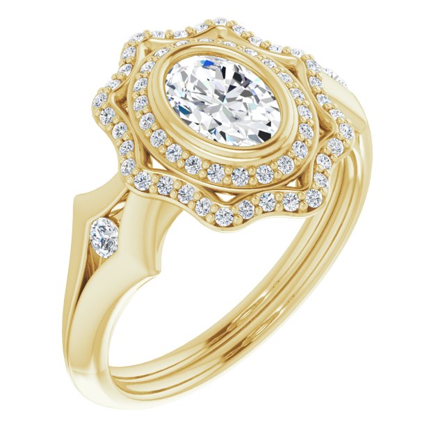 10K Yellow Gold Customizable Cathedral-bezel Oval Cut Design with Floral Double Halo and Channel-Accented Split Band