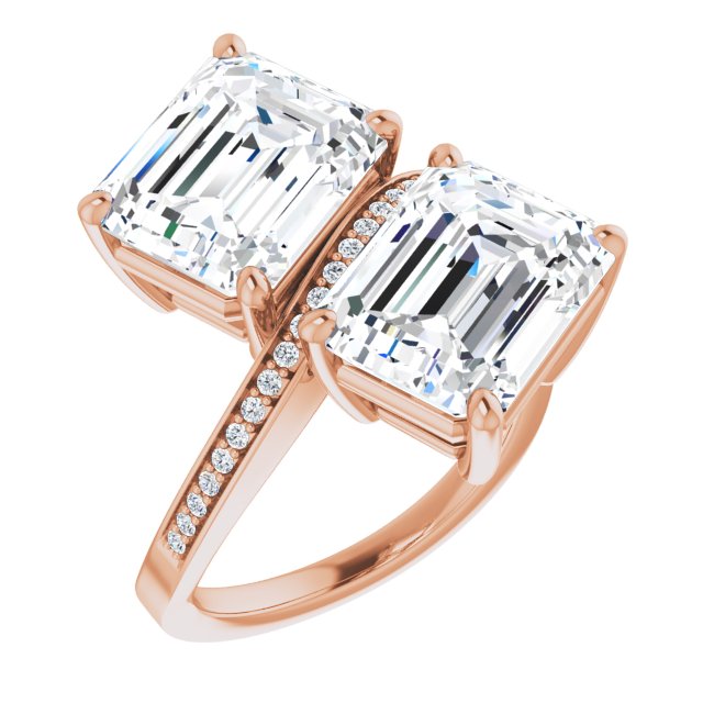 10K Rose Gold Customizable 2-stone Emerald/Radiant Cut Bypass Design with Thin Twisting Shared Prong Band