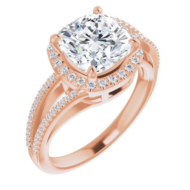 10K Rose Gold Customizable Cushion Cut Vintage Design with Halo Style and Asymmetrical Split-Pavé Band