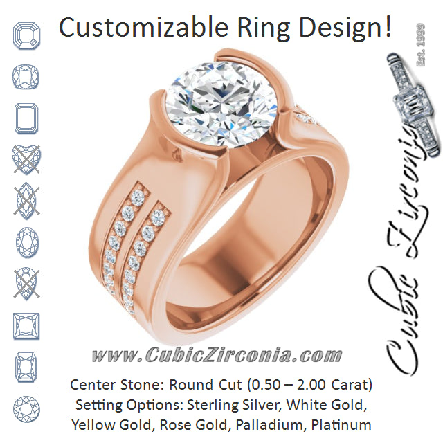 Cubic Zirconia Engagement Ring- The Jennifer (Customizable Bezel-set Round Cut Design with Thick Band featuring Double-Row Shared Prong Accents)