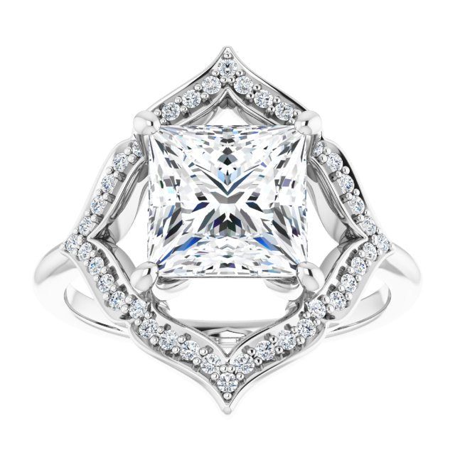 Cubic Zirconia Engagement Ring- The Casie Jean (Customizable Princess/Square Cut Style with Artistic Equilateral Halo and Ultra-thin Band)