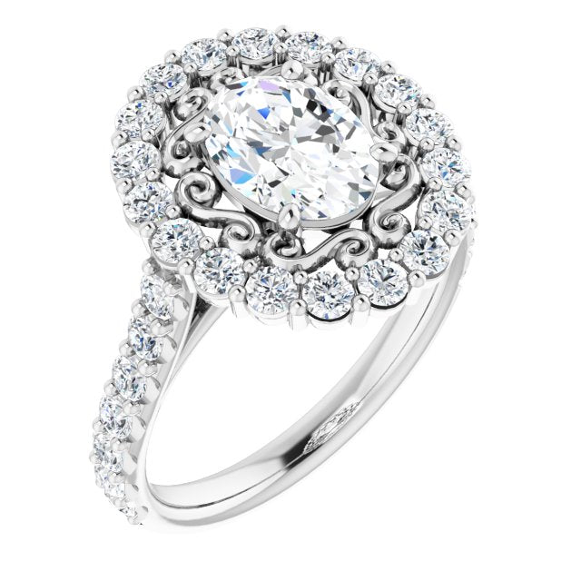 Cubic Zirconia Engagement Ring- The Flora (Customizable Oval Cut Cathedral Style with Oversized Halo)