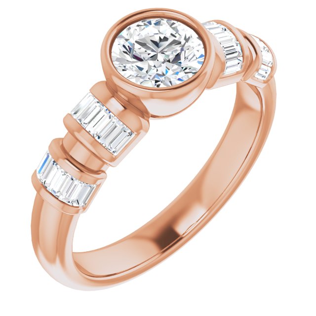 10K Rose Gold Customizable Bezel-set Round Cut Design with Quad Horizontal Band Sleeves of Baguette Accents