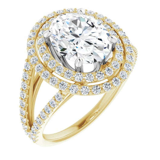 14K Yellow & White Gold Customizable Oval Cut Design with Double Halo and Wide Split-Pavé Band