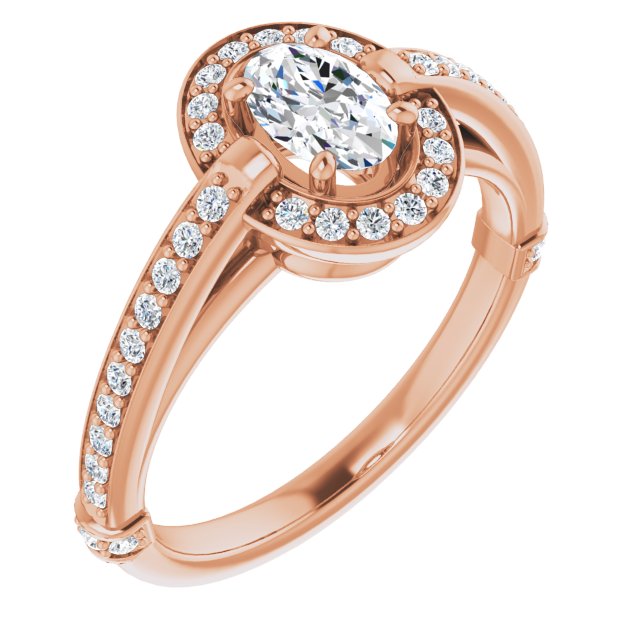 10K Rose Gold Customizable High-Cathedral Oval Cut Design with Halo and Shared Prong Band