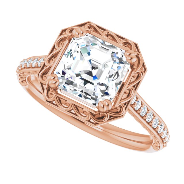 Cubic Zirconia Engagement Ring- The Montserrat  (Customizable Asscher Cut Halo Design with Filigree and Accented Band)