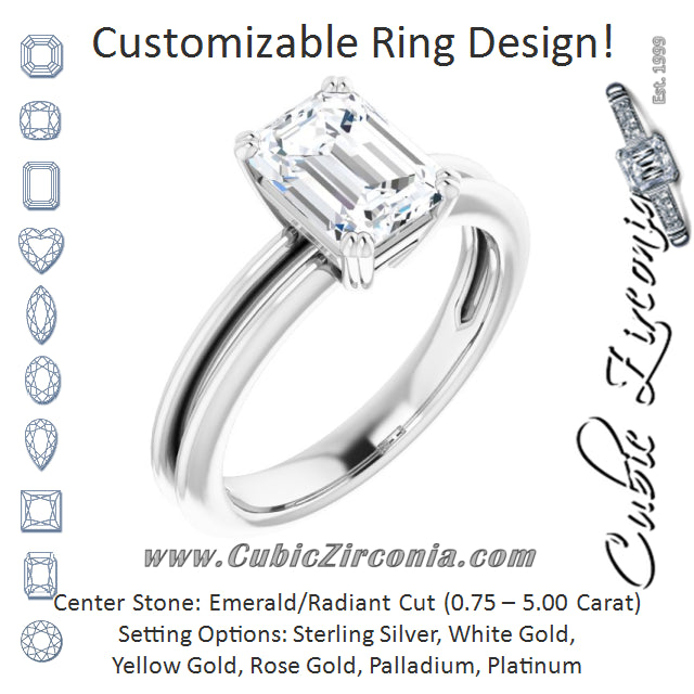 Cubic Zirconia Engagement Ring- The Evie (Customizable Emerald Cut Solitaire with Grooved Band)